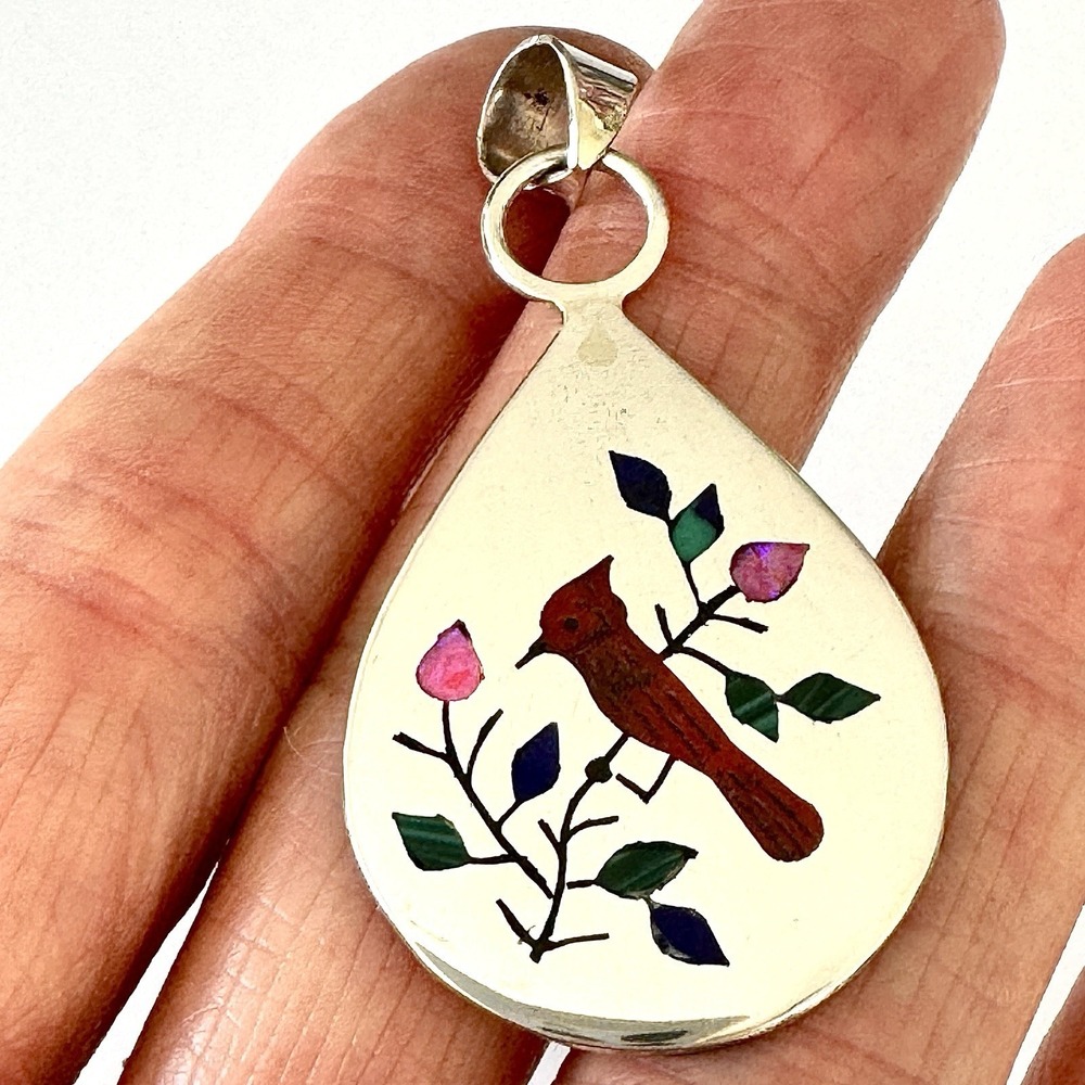 Zuni Red Cardinal Bird Pendant 2in Boyd Native American Turquoise Inlay Sterling
